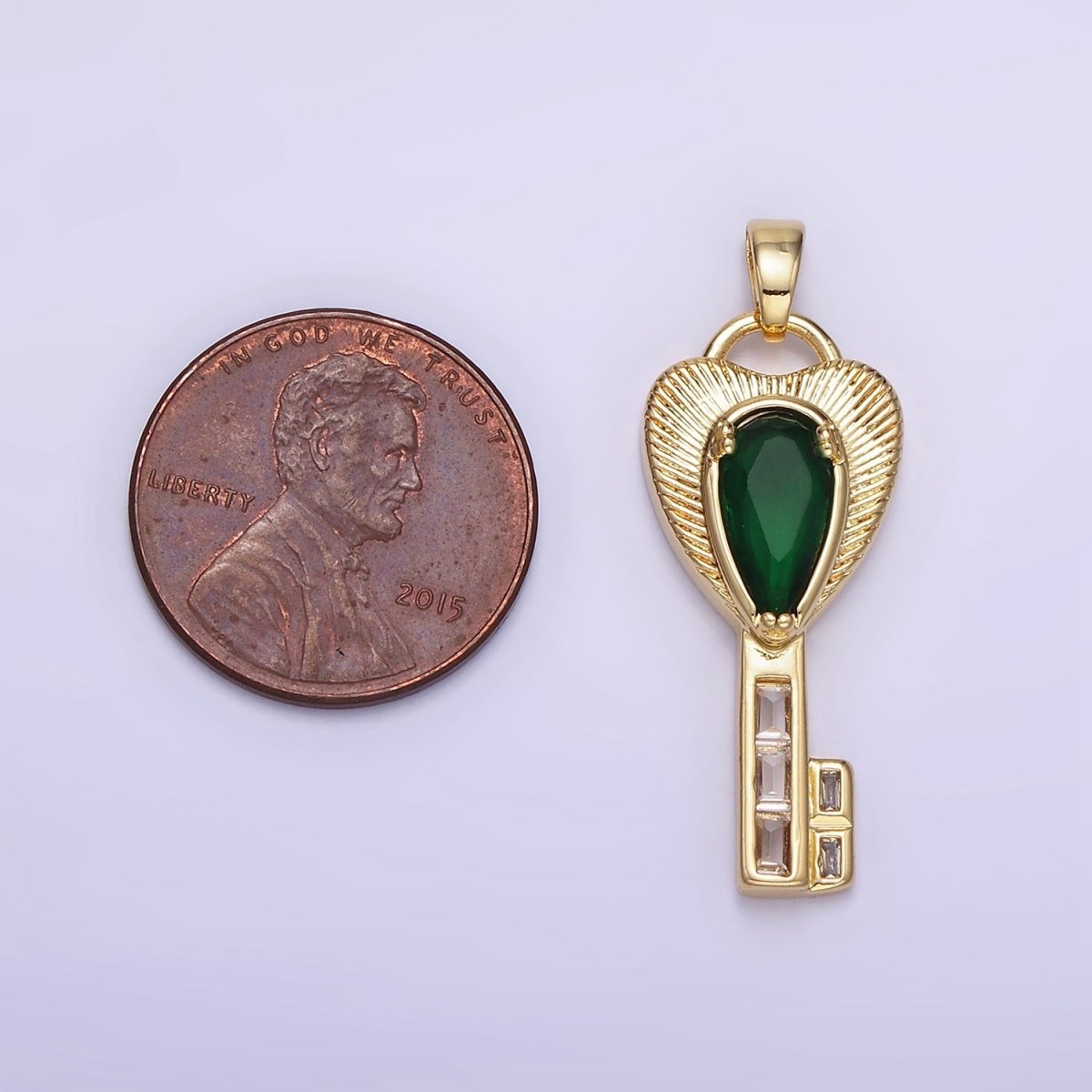 14K Gold Filled Green Teardrop CZ Sunburst Heart Key Pendant | AH142