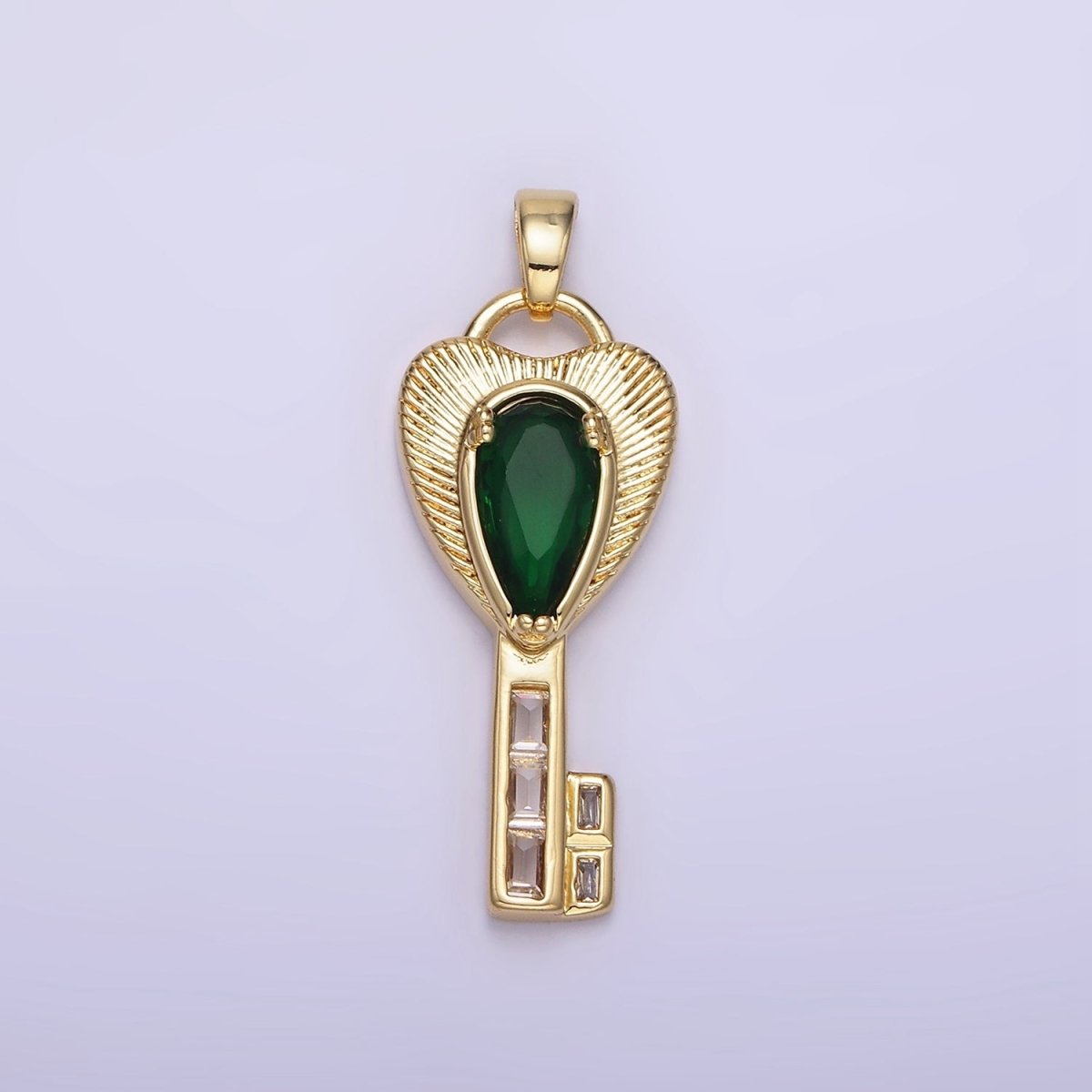 14K Gold Filled Green Teardrop CZ Sunburst Heart Key Pendant | AH142