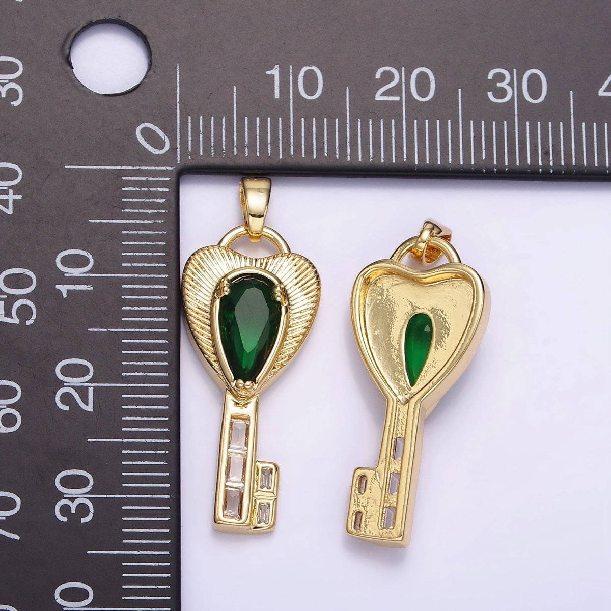 14K Gold Filled Green Teardrop CZ Sunburst Heart Key Pendant | AH142