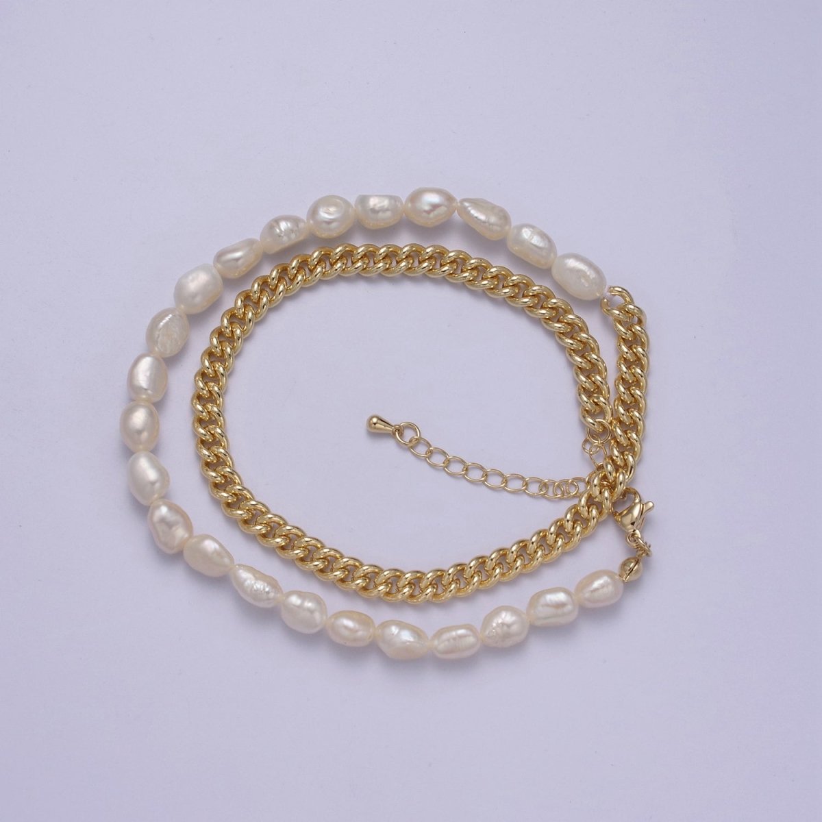 14K Gold Filled Half 5mm Freshwater Pearl Curb Chain 16 Inch Choker Necklace | WA-612 Clearance Pricing