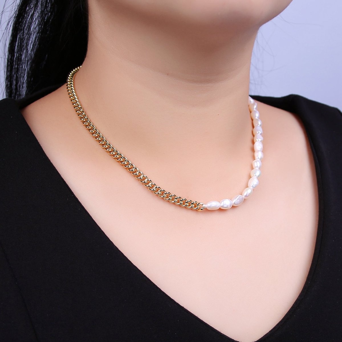 14K Gold Filled Half 5mm Freshwater Pearl Curb Chain 16 Inch Choker Necklace | WA-612 Clearance Pricing