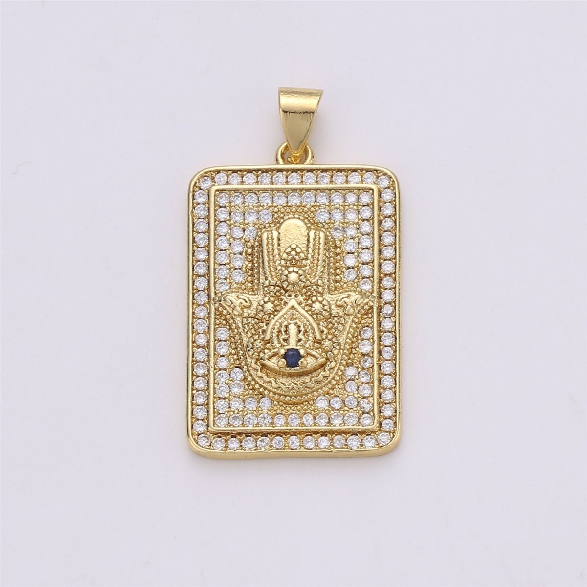 14k Gold Filled Hamsa Hand Charm with Micro Pave square tag CZ pendant for Protection Amulet Necklace Component I-615