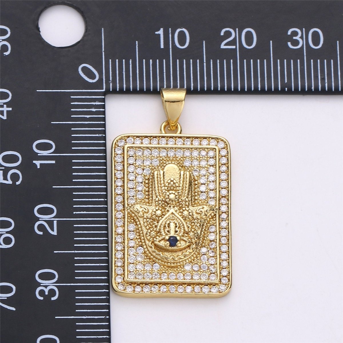 14k Gold Filled Hamsa Hand Charm with Micro Pave square tag CZ pendant for Protection Amulet Necklace Component I-615