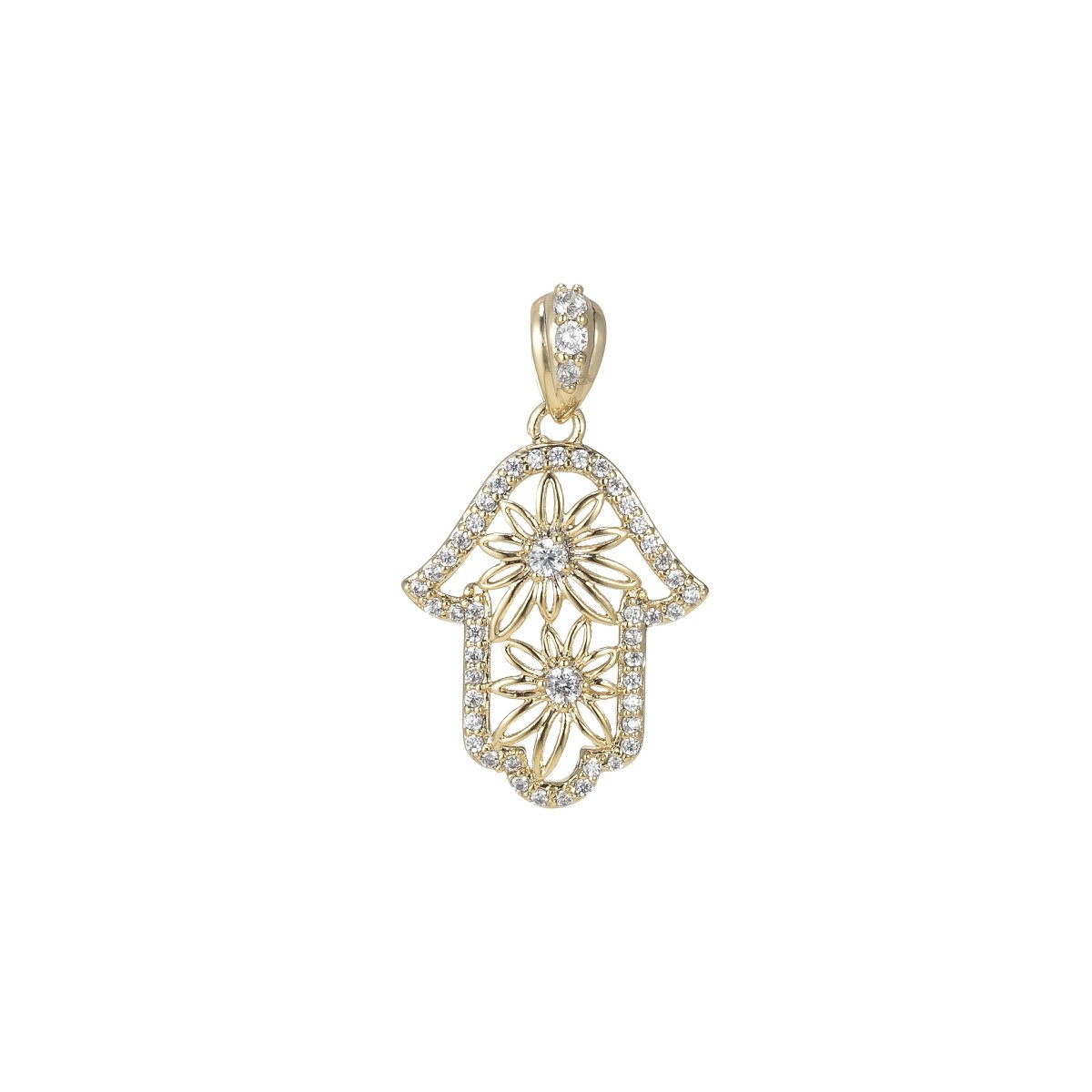 14k Gold Filled Hamsa Hand Pendant- Flower Floral Cubic Hamsa Hand Charm I-114