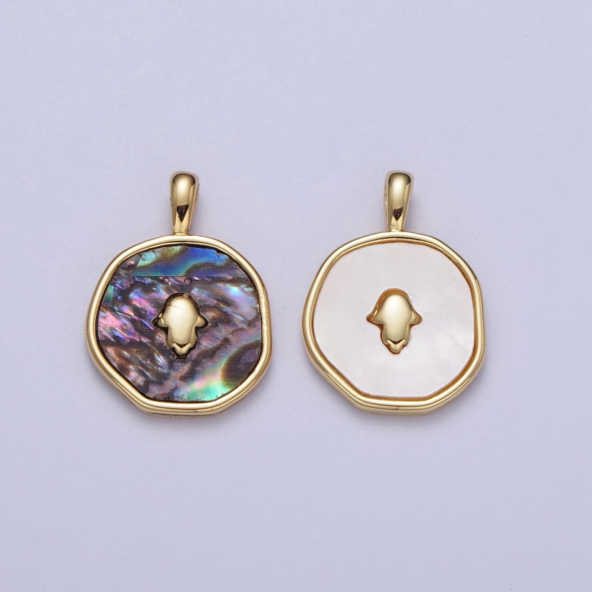 14K Gold Filled Hamsa Hand Shell Pearl, Abalone Round Pendant  I-294 I-316