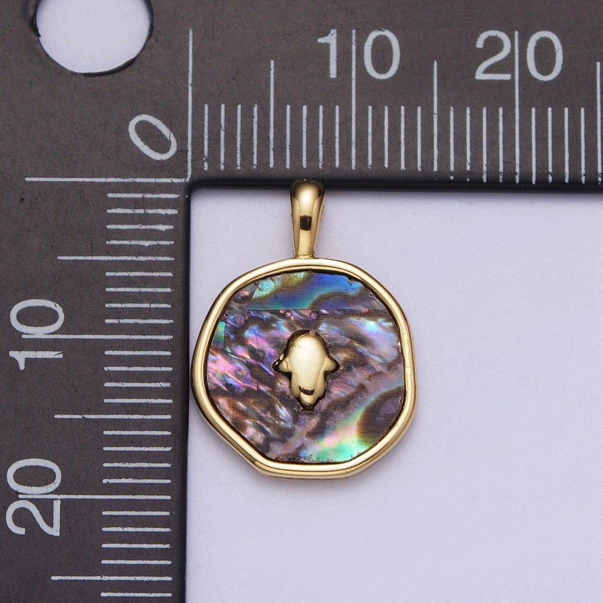 14K Gold Filled Hamsa Hand Shell Pearl, Abalone Round Pendant  I-294 I-316
