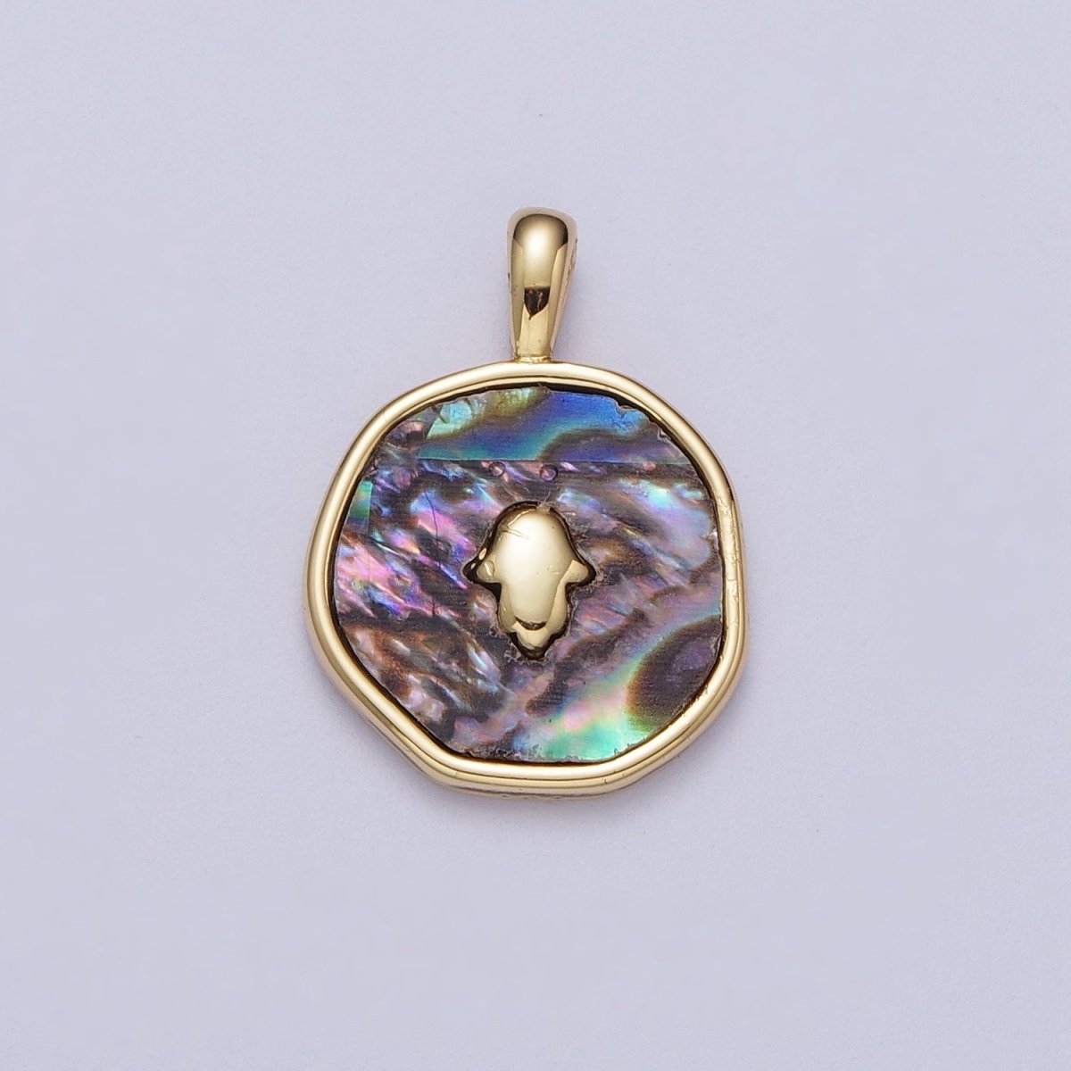 14K Gold Filled Hamsa Hand Shell Pearl, Abalone Round Pendant  I-294 I-316