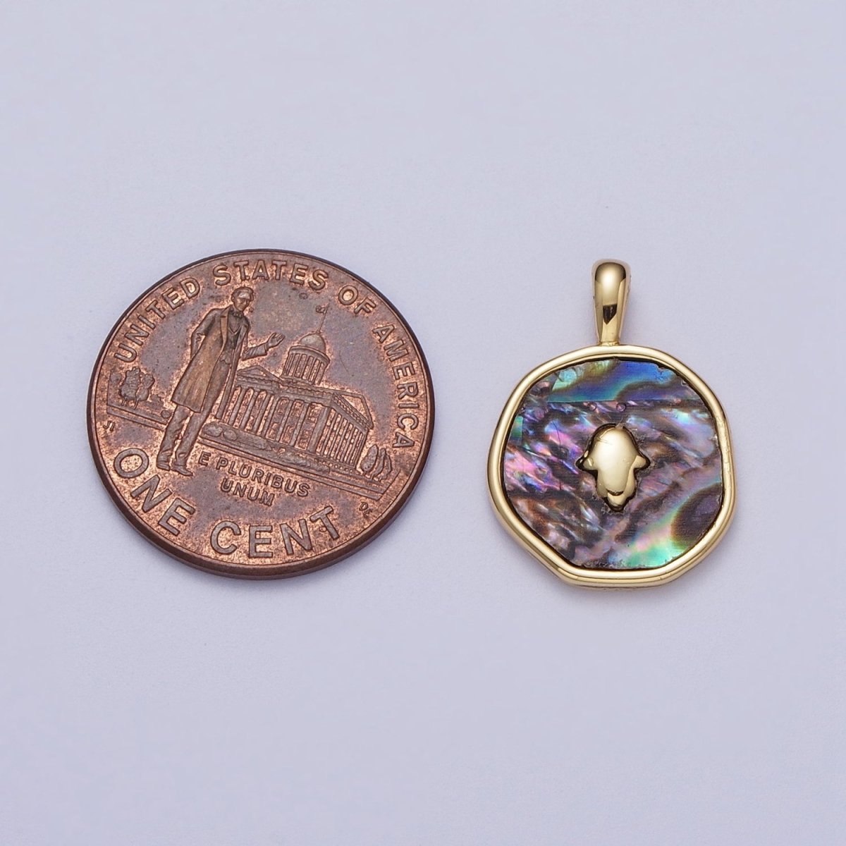 14K Gold Filled Hamsa Hand Shell Pearl, Abalone Round Pendant  I-294 I-316