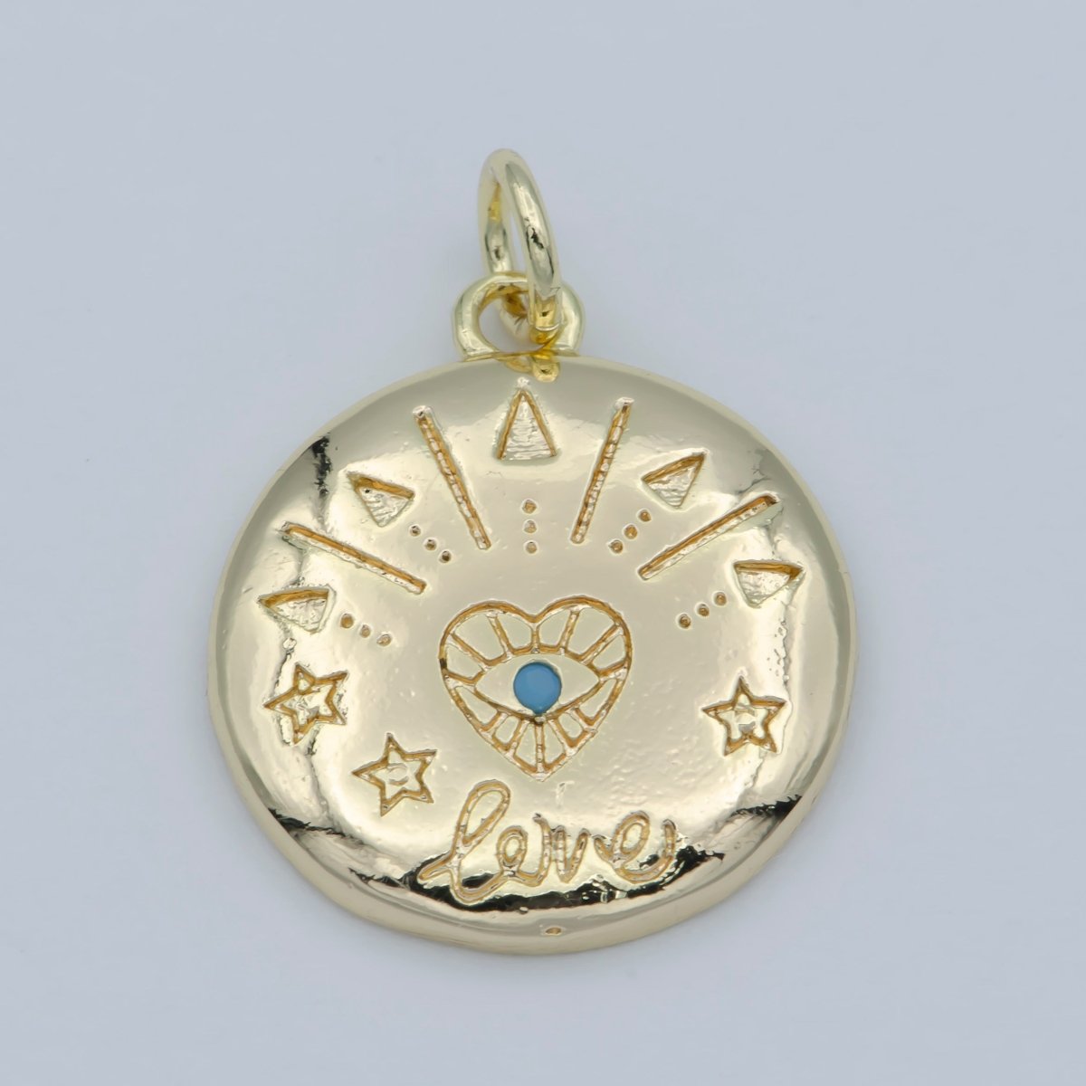 14k Gold FIlled Heart Charm - Love Amulet medallion - Coin Disc charm - Blue Evil Eye pendant for Necklace Bracelet Earring Charm M-358