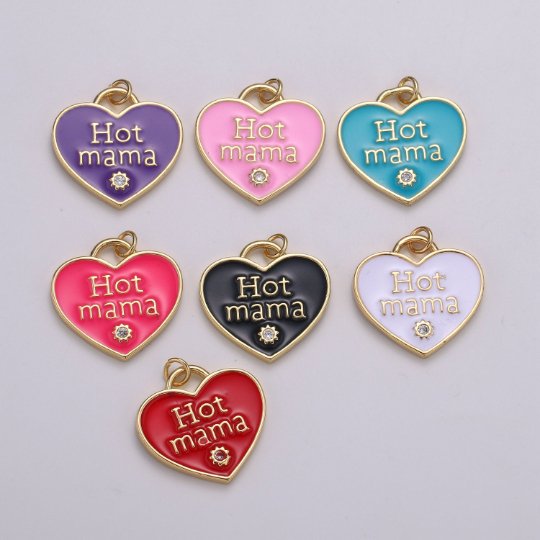 14K Gold Filled Heart Charm Multi Color Enamel Cz Charm Hot Mama Pendant For Jewelry Supply Wholesale Gift idea for Mother Day Gift E-167 - E-173