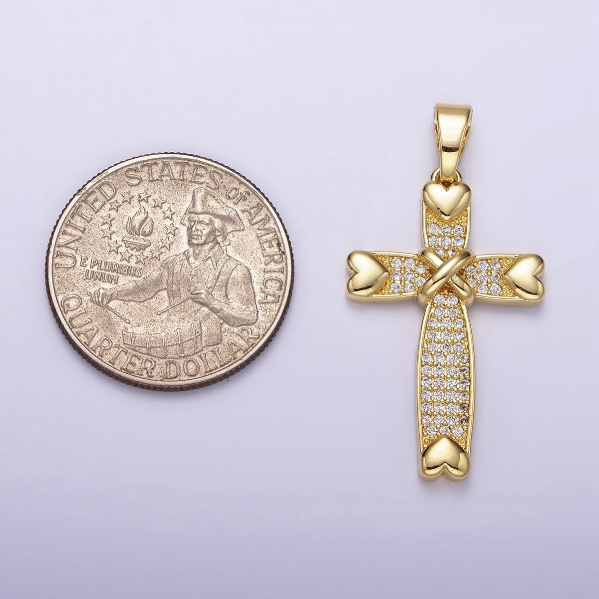 14K Gold Filled Heart Clear Micro Paved CZ Tied Religious Cross Pendant | N1280