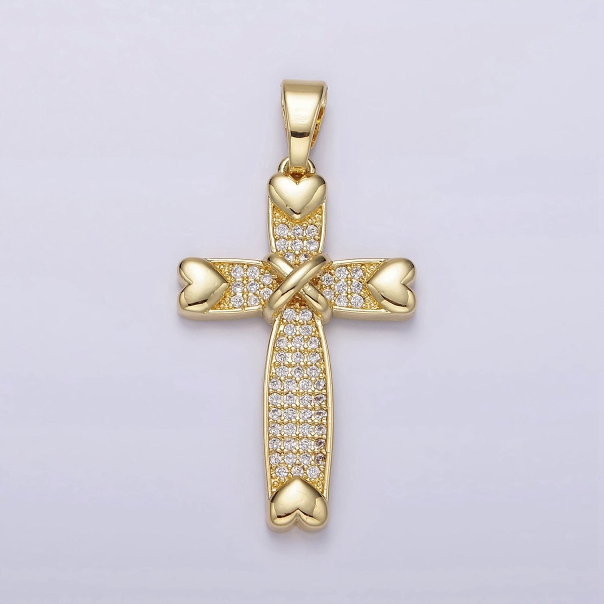 14K Gold Filled Heart Clear Micro Paved CZ Tied Religious Cross Pendant | N1280