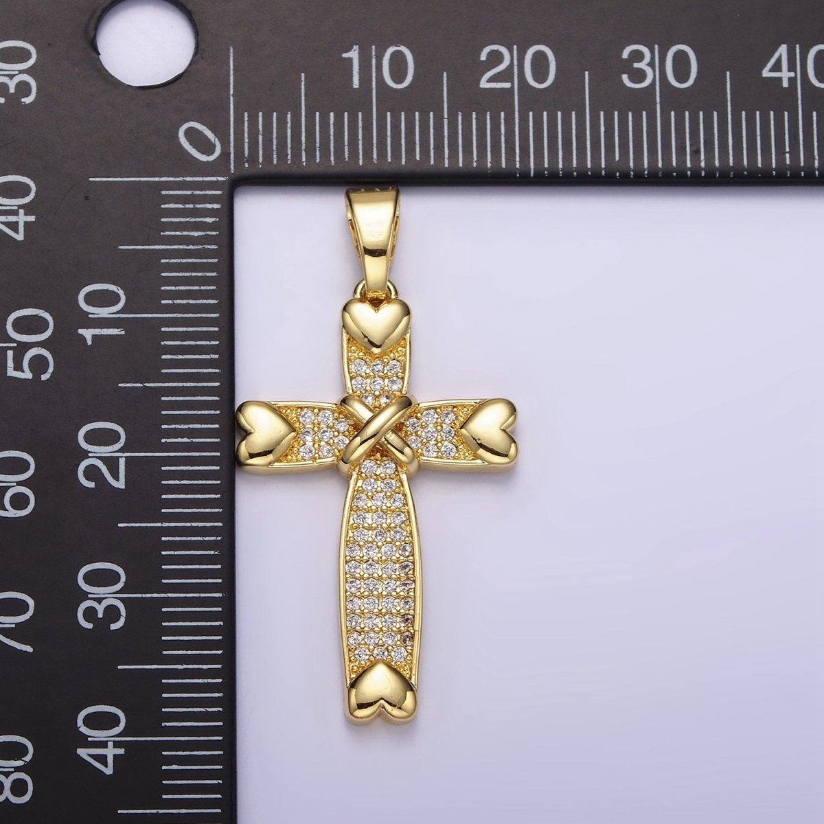 14K Gold Filled Heart Clear Micro Paved CZ Tied Religious Cross Pendant | N1280