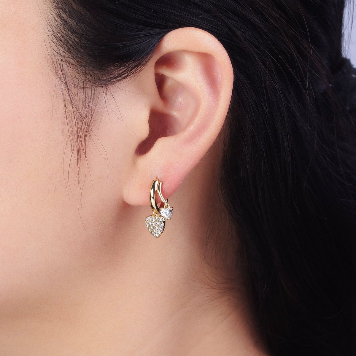 14K Gold Filled Heart CZ Micro Paved Double Band Claw Huggie Earrings | AD1444