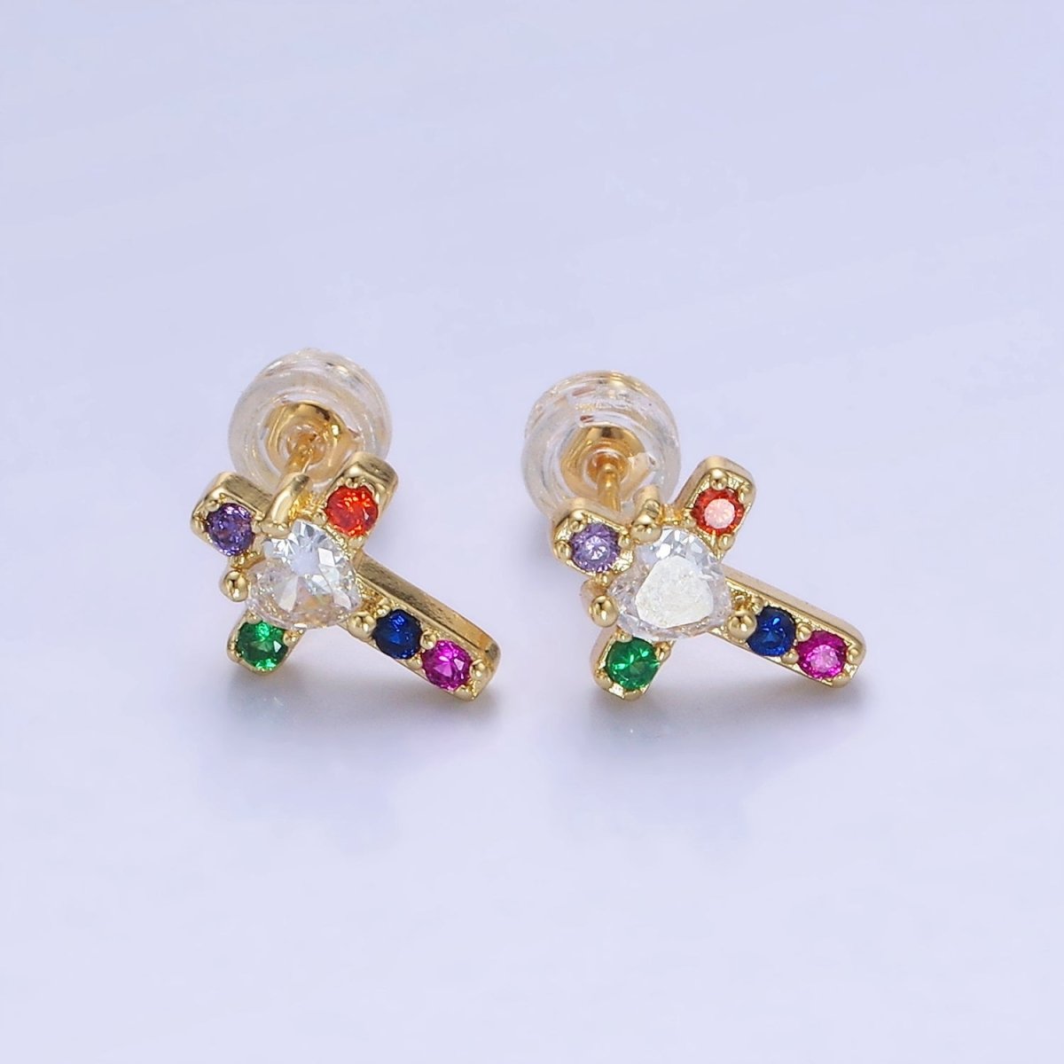 14K Gold Filled Religious Cross Multicolor CZ Stud Earrings in Gold & Silver | AB1311 AB1312