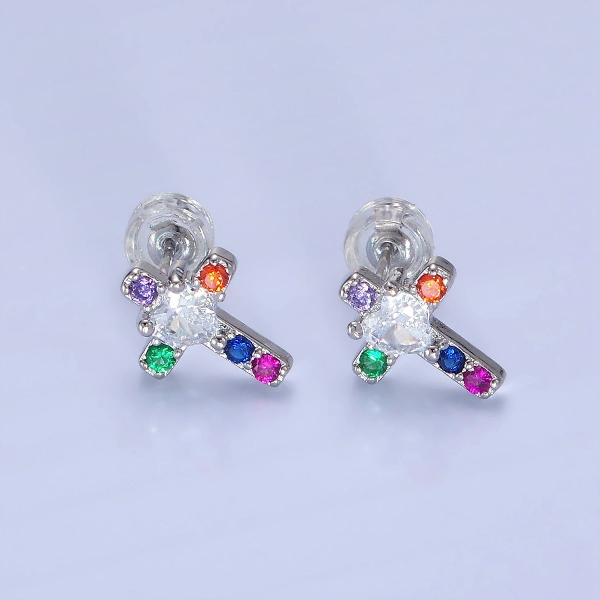14K Gold Filled Religious Cross Multicolor CZ Stud Earrings in Gold & Silver | AB1311 AB1312