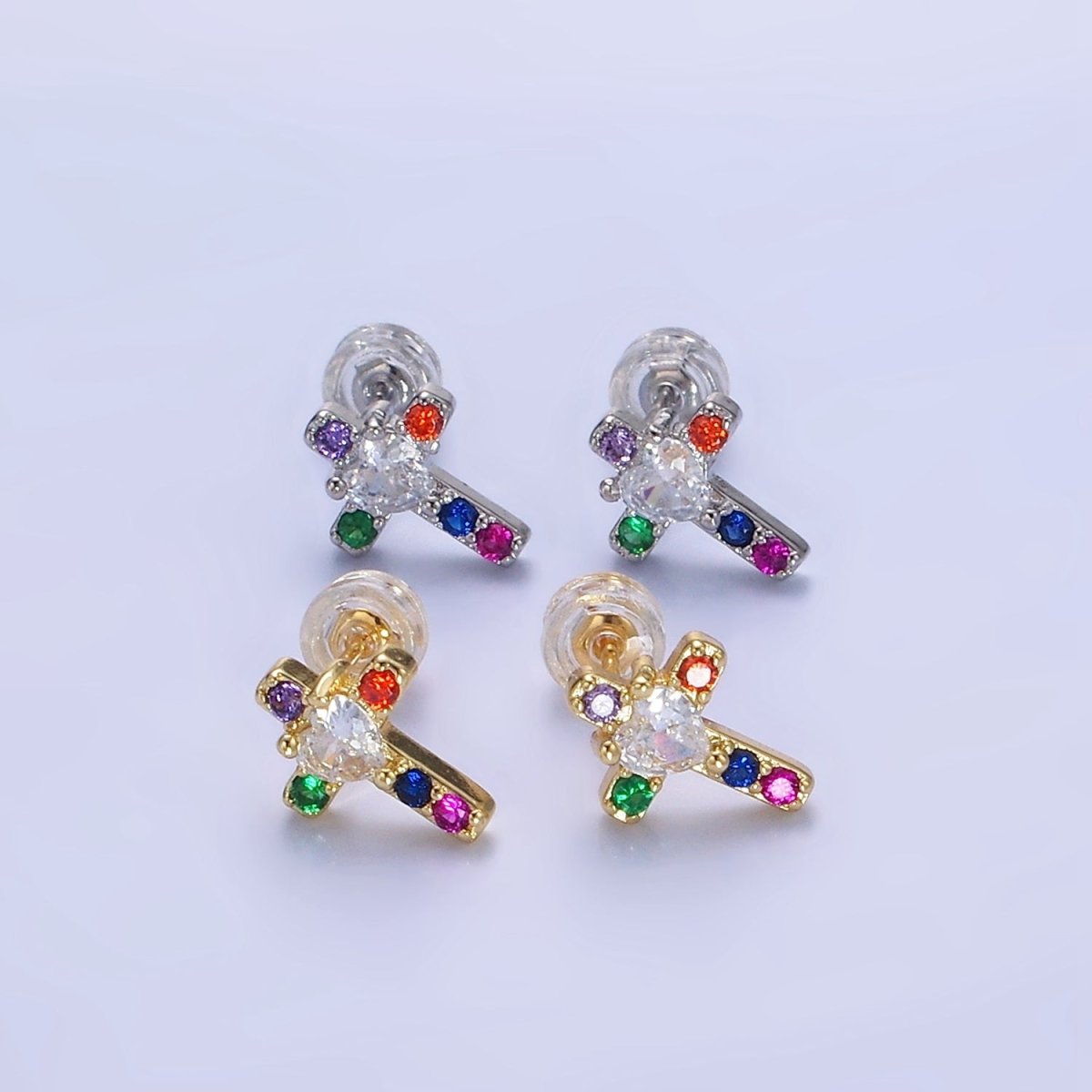 14K Gold Filled Religious Cross Multicolor CZ Stud Earrings in Gold & Silver | AB1311 AB1312