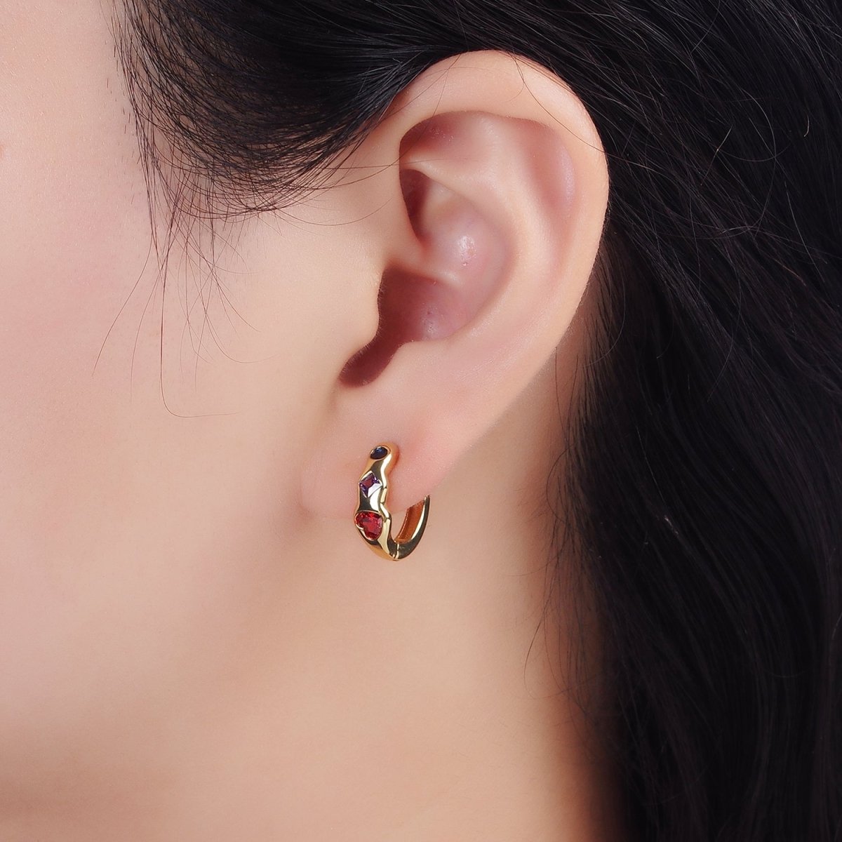 14K Gold Filled Heart Rhombus Round Multicolor CZ Wavy 15mm Huggie Earrings | AE113
