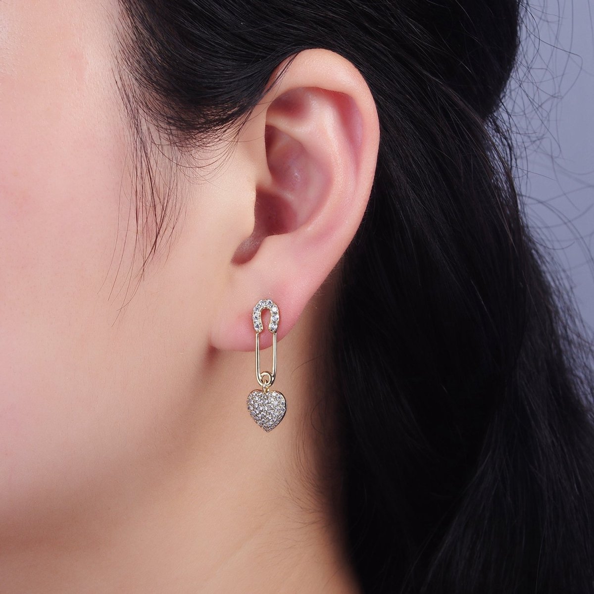 14K Gold Filled Heart Safety Pin Micro Paved CZ Drop Stud Earrings | AE409