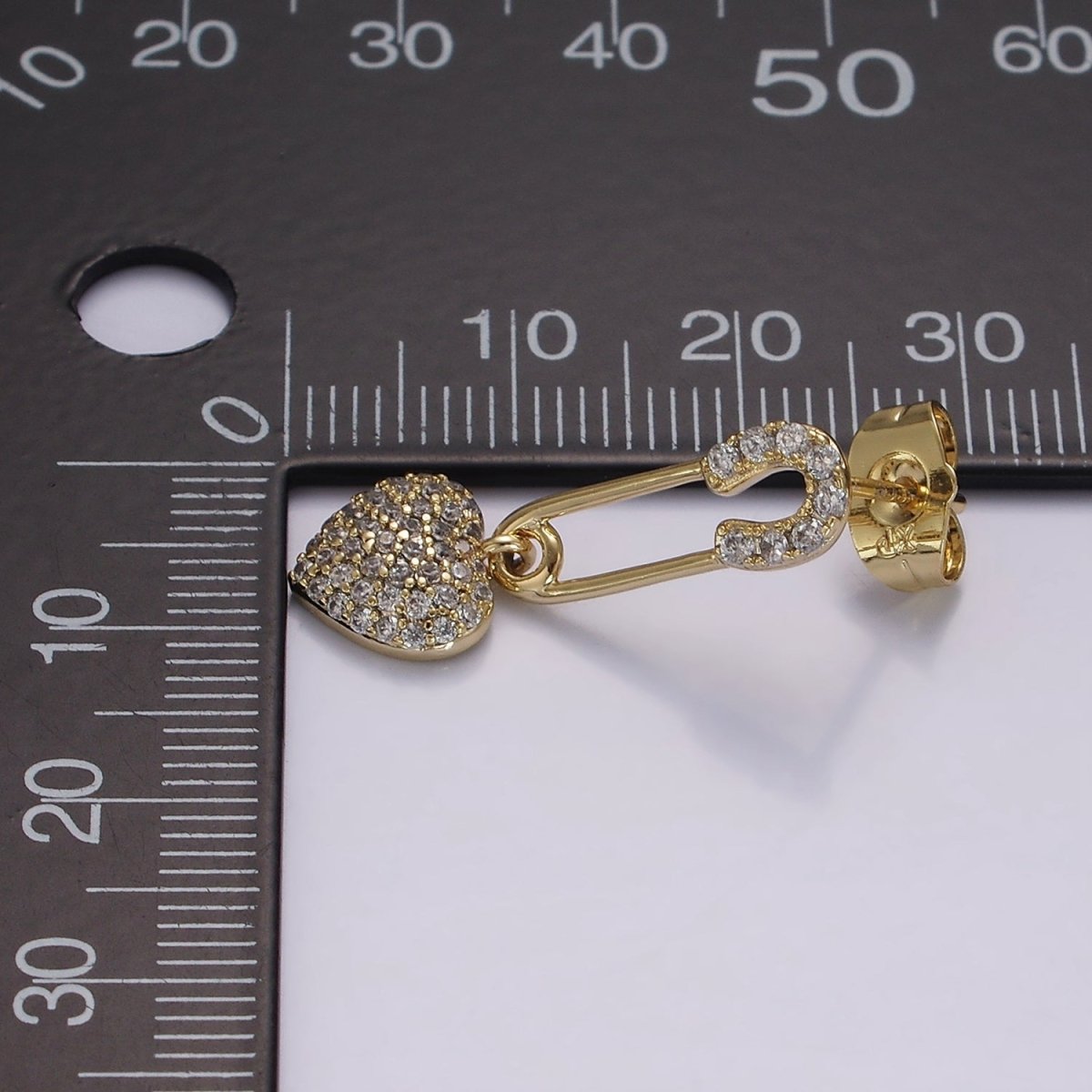 14K Gold Filled Heart Safety Pin Micro Paved CZ Drop Stud Earrings | AE409