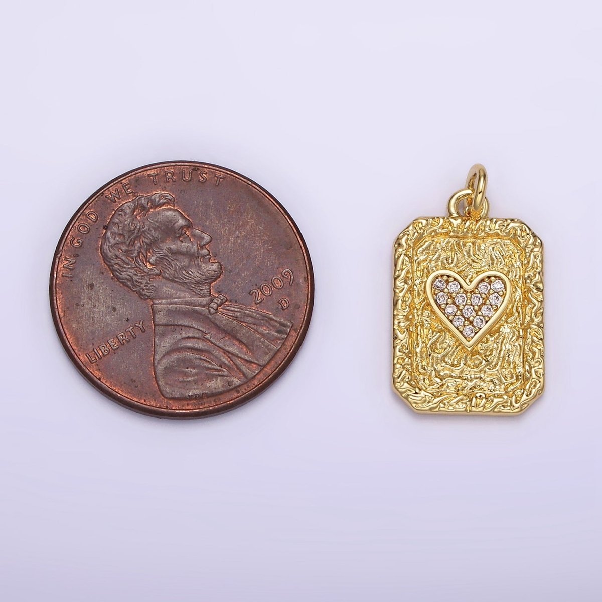 14K Gold Filled Hearts Card Micro Paved CZ Hammered Rectangular Tag Charm | AG259