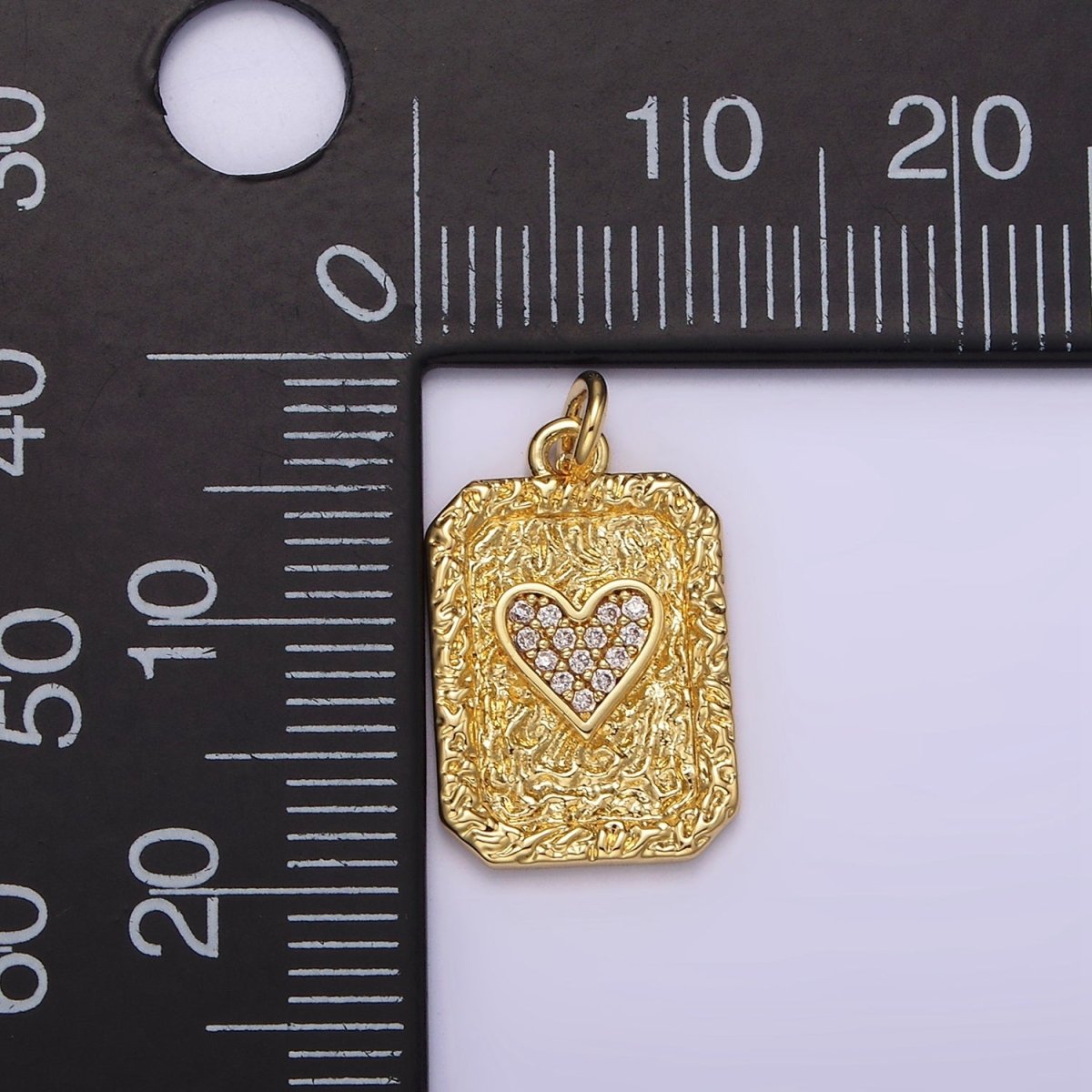 14K Gold Filled Hearts Card Micro Paved CZ Hammered Rectangular Tag Charm | AG259