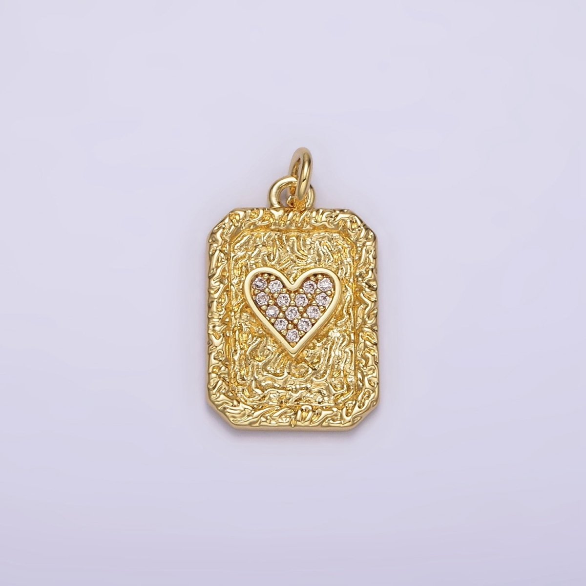 14K Gold Filled Hearts Card Micro Paved CZ Hammered Rectangular Tag Charm | AG259