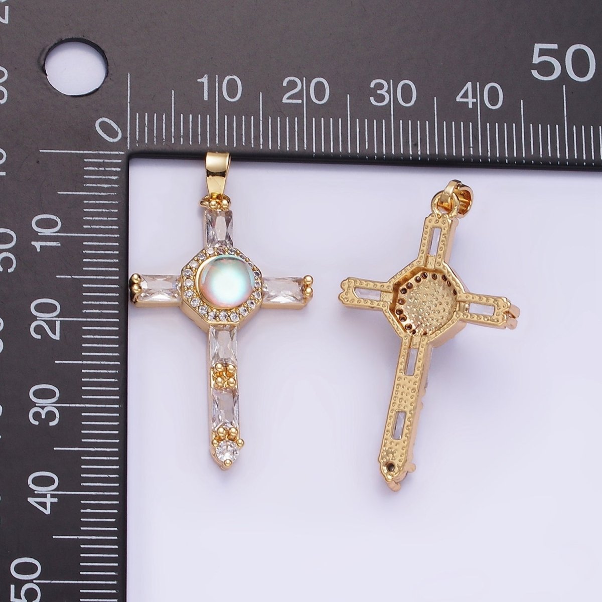 14K Gold Filled Iridescent CZ Micro Paved Baguette Lined Cross Pendant | AA1178