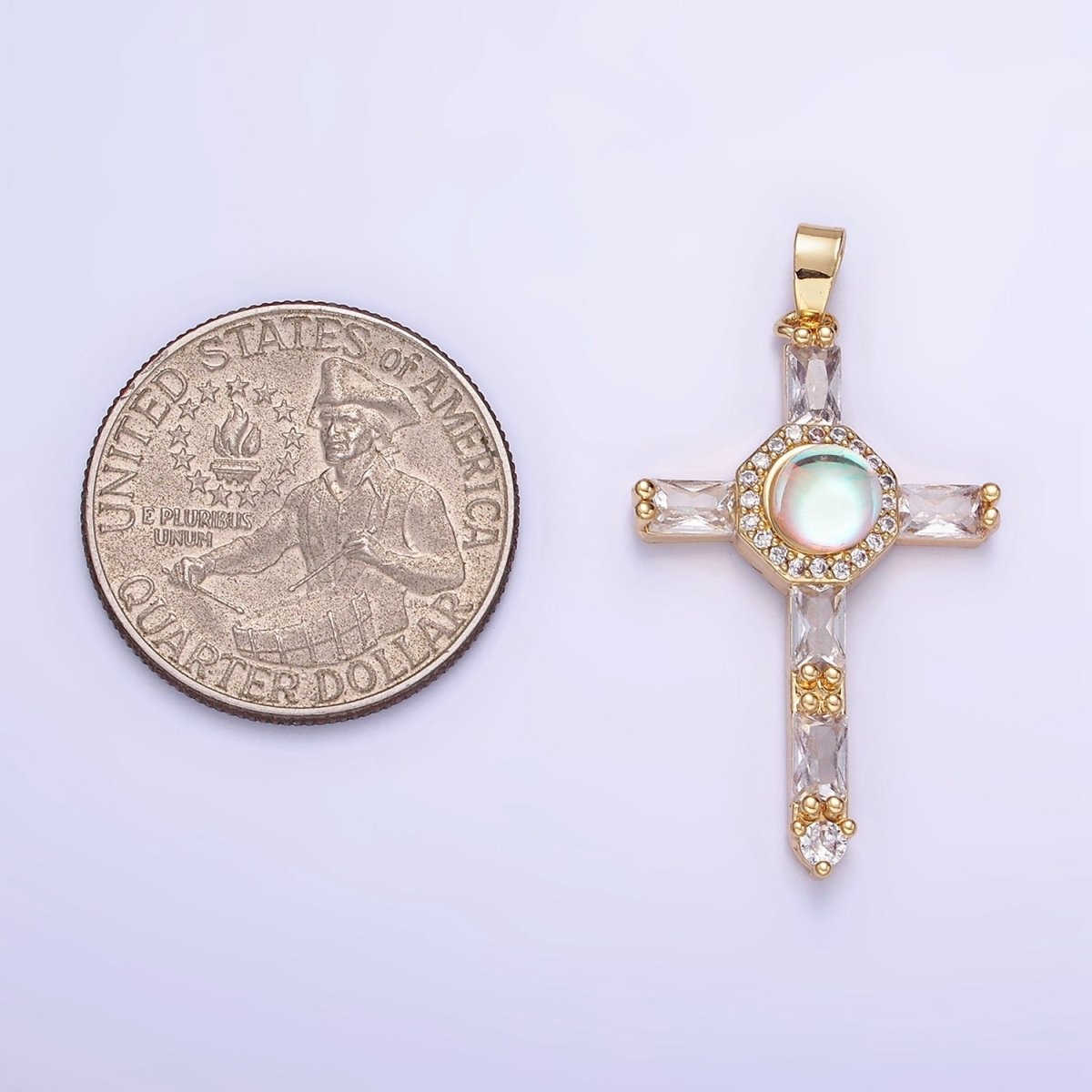 14K Gold Filled Iridescent CZ Micro Paved Baguette Lined Cross Pendant | AA1178
