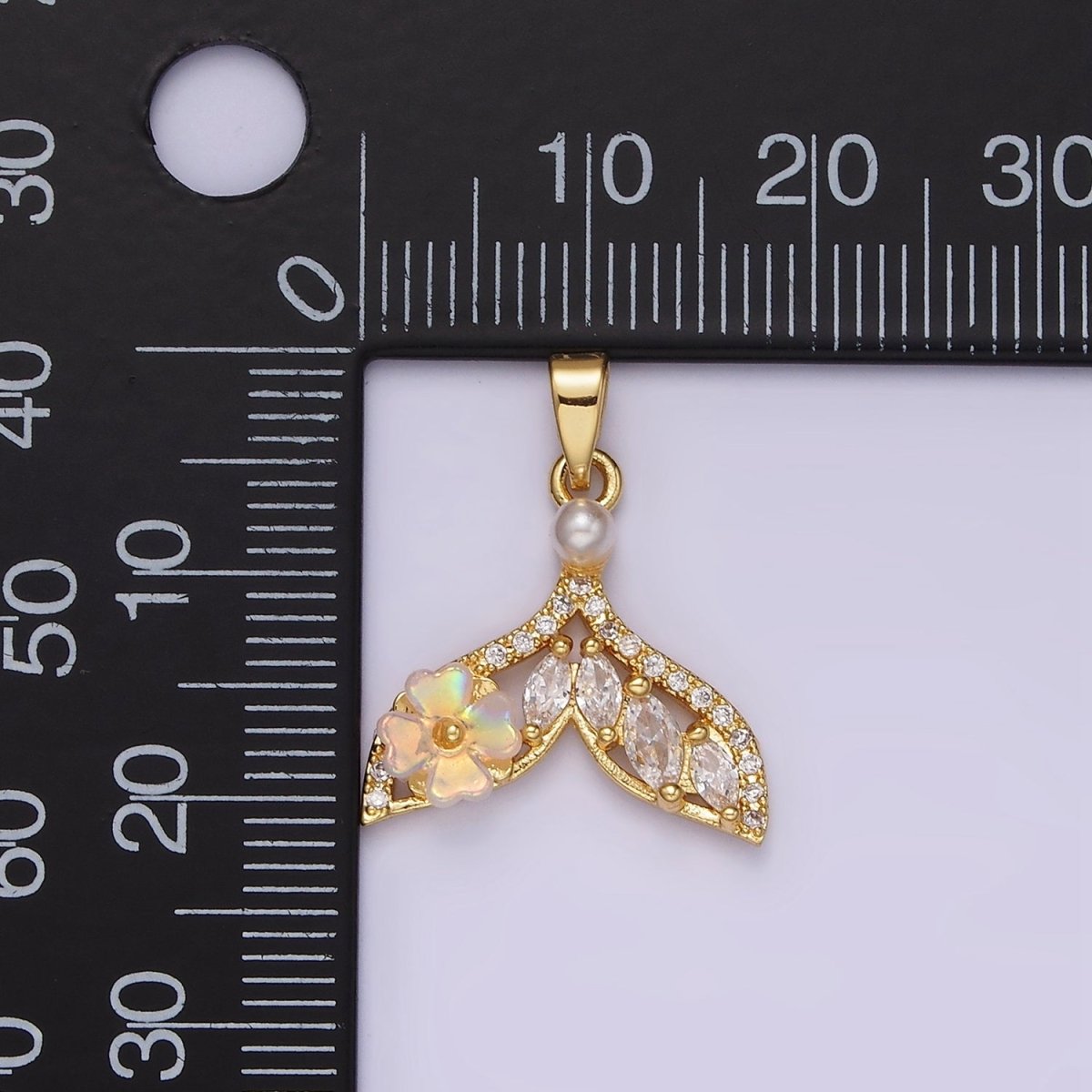 14K Gold Filled Iridescent Flower Marquise Micro Paved CZ Whale Tail Pearl Mermaid Tail Charm  Pendant | N-1823