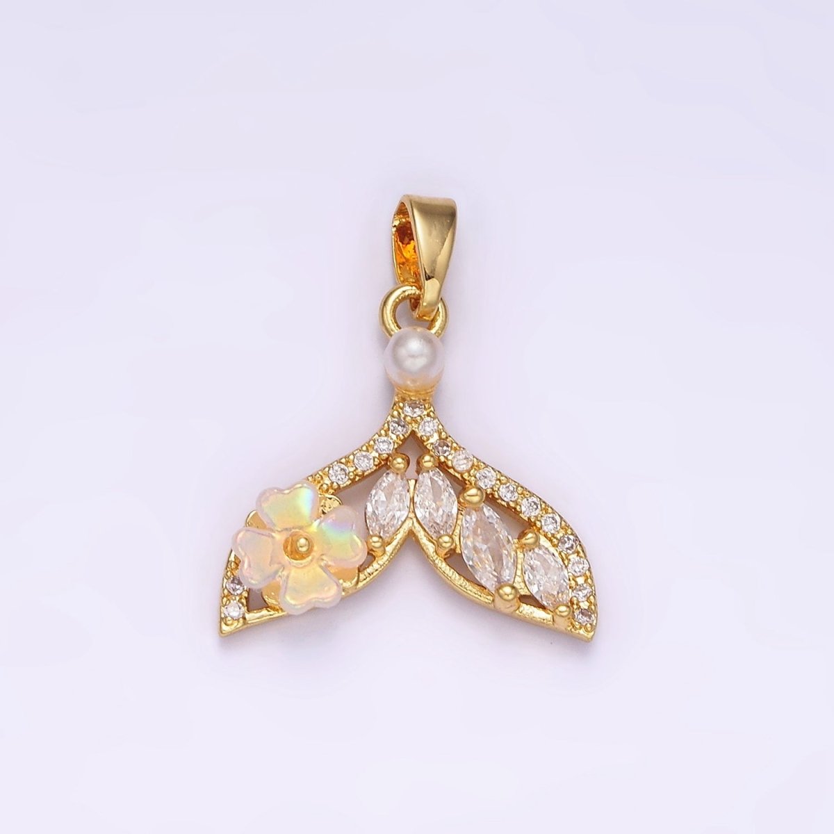 14K Gold Filled Iridescent Flower Marquise Micro Paved CZ Whale Tail Pearl Mermaid Tail Charm  Pendant | N-1823