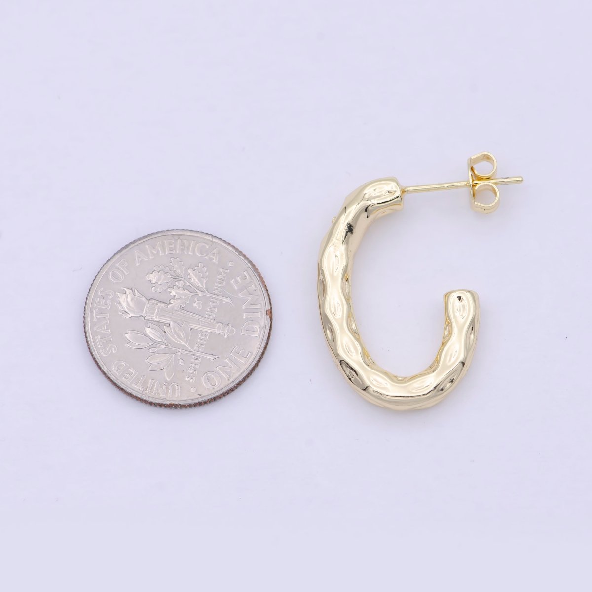 14K Gold Filled J Shaped Hammered Rustic Stud Hoops Earrings  K-203