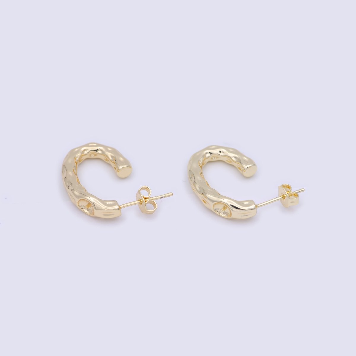 14K Gold Filled J Shaped Hammered Rustic Stud Hoops Earrings  K-203