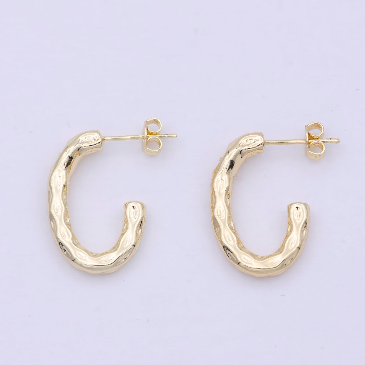 14K Gold Filled J Shaped Hammered Rustic Stud Hoops Earrings  K-203