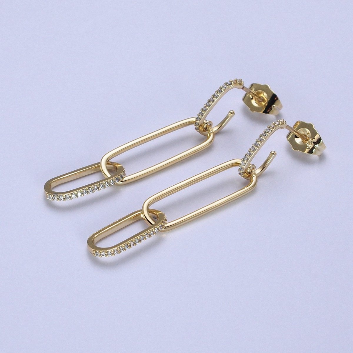 14K Gold Filled J-Shaped Micro Paved CZ Paper Clip Drop Dangle Earrings | AB317