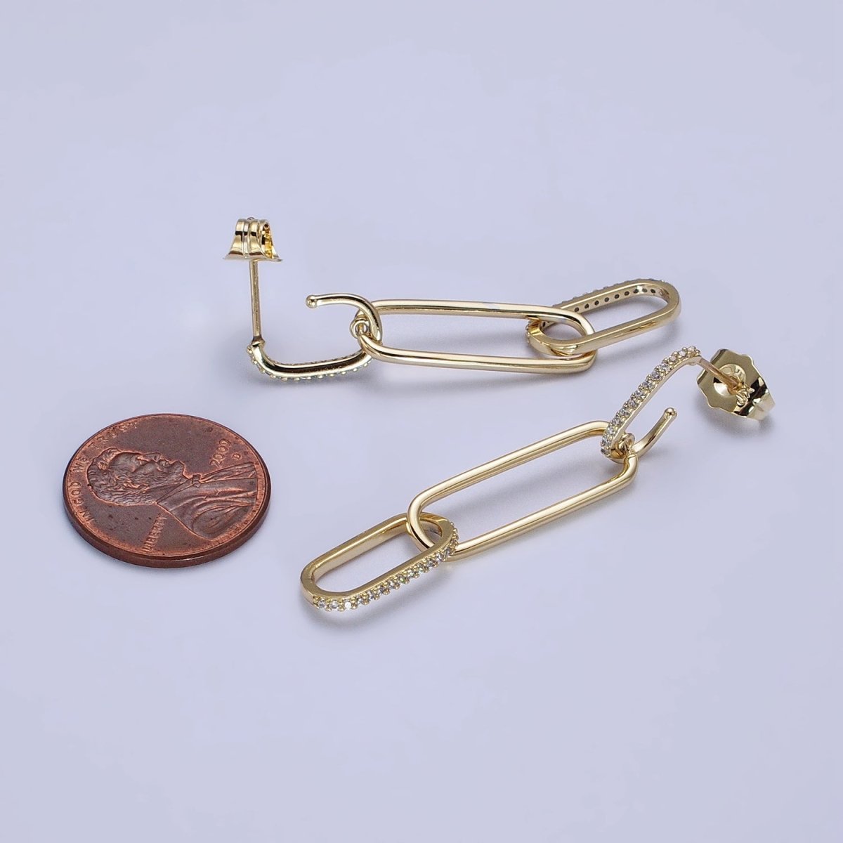 14K Gold Filled J-Shaped Micro Paved CZ Paper Clip Drop Dangle Earrings | AB317