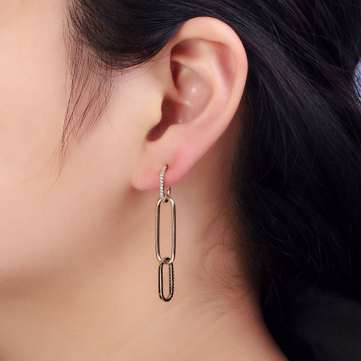 14K Gold Filled J-Shaped Micro Paved CZ Paper Clip Drop Dangle Earrings | AB317