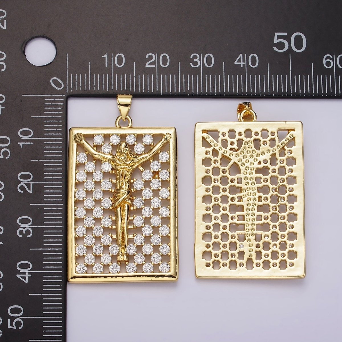14K Gold Filled Jesus Crucifix Religious Open Clear CZ Checkered Rectangular Tag Charm | N1943