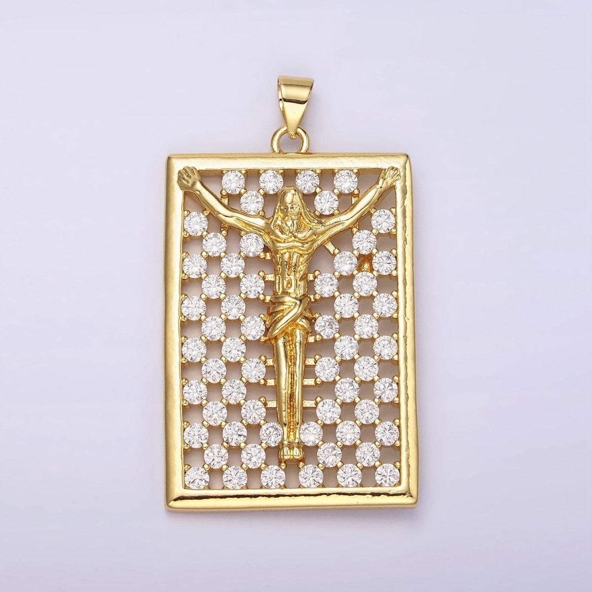 14K Gold Filled Jesus Crucifix Religious Open Clear CZ Checkered Rectangular Tag Charm | N1943