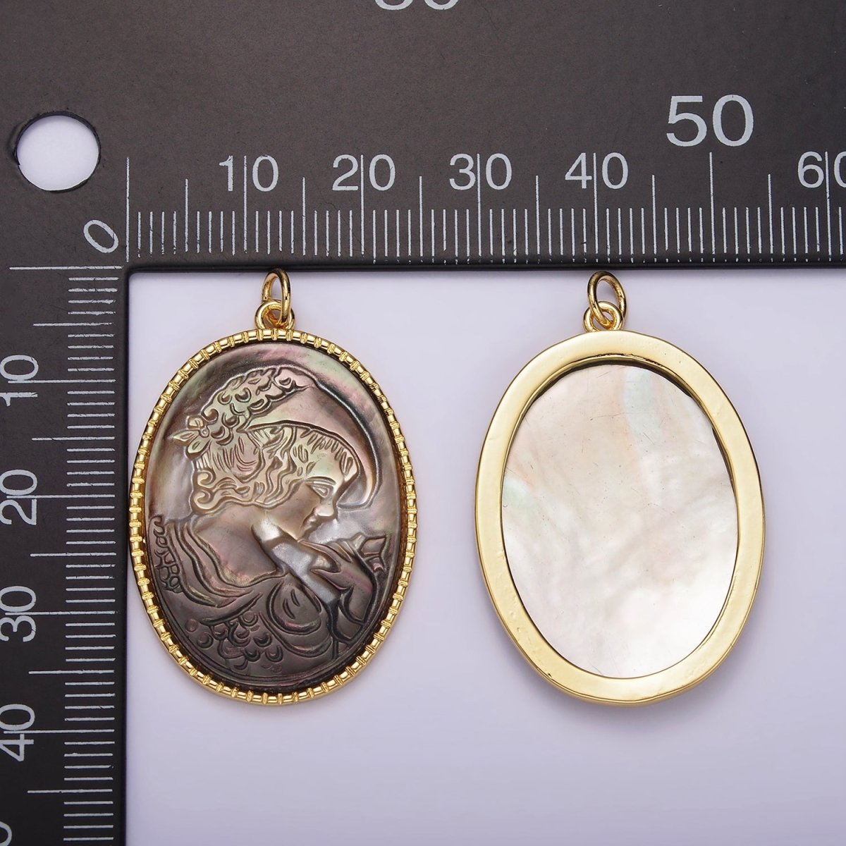 14K Gold Filled Knight Portrait Cameo Natural Abalone Pearl Bezel Oval Charm | AG516