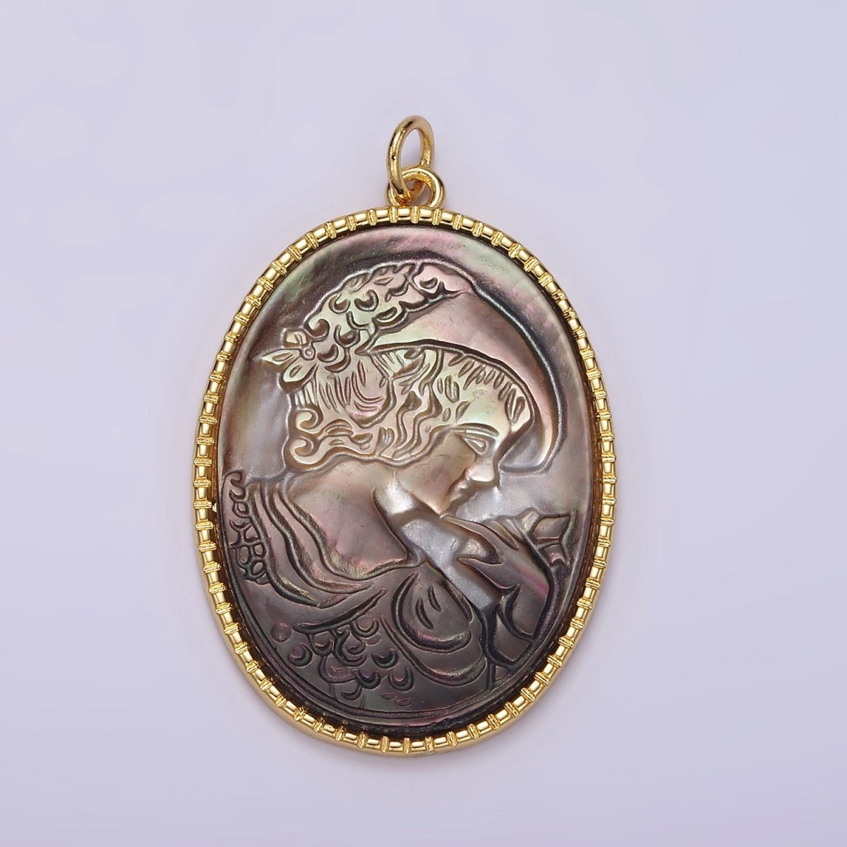14K Gold Filled Knight Portrait Cameo Natural Abalone Pearl Bezel Oval Charm | AG516