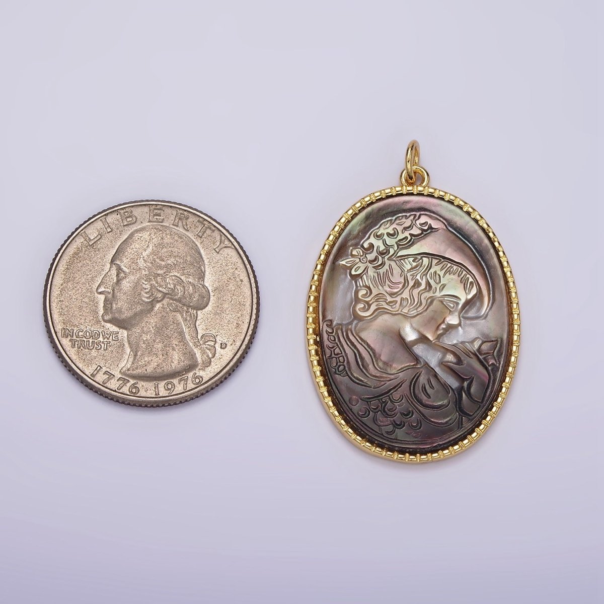 14K Gold Filled Knight Portrait Cameo Natural Abalone Pearl Bezel Oval Charm | AG516