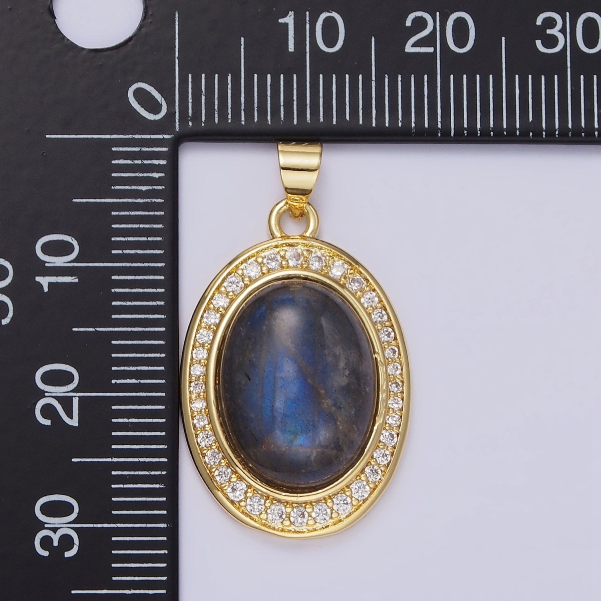 14K Gold Filled Labradorite Cabochon Clear Micro Paved CZ Oval Pendant | AA681