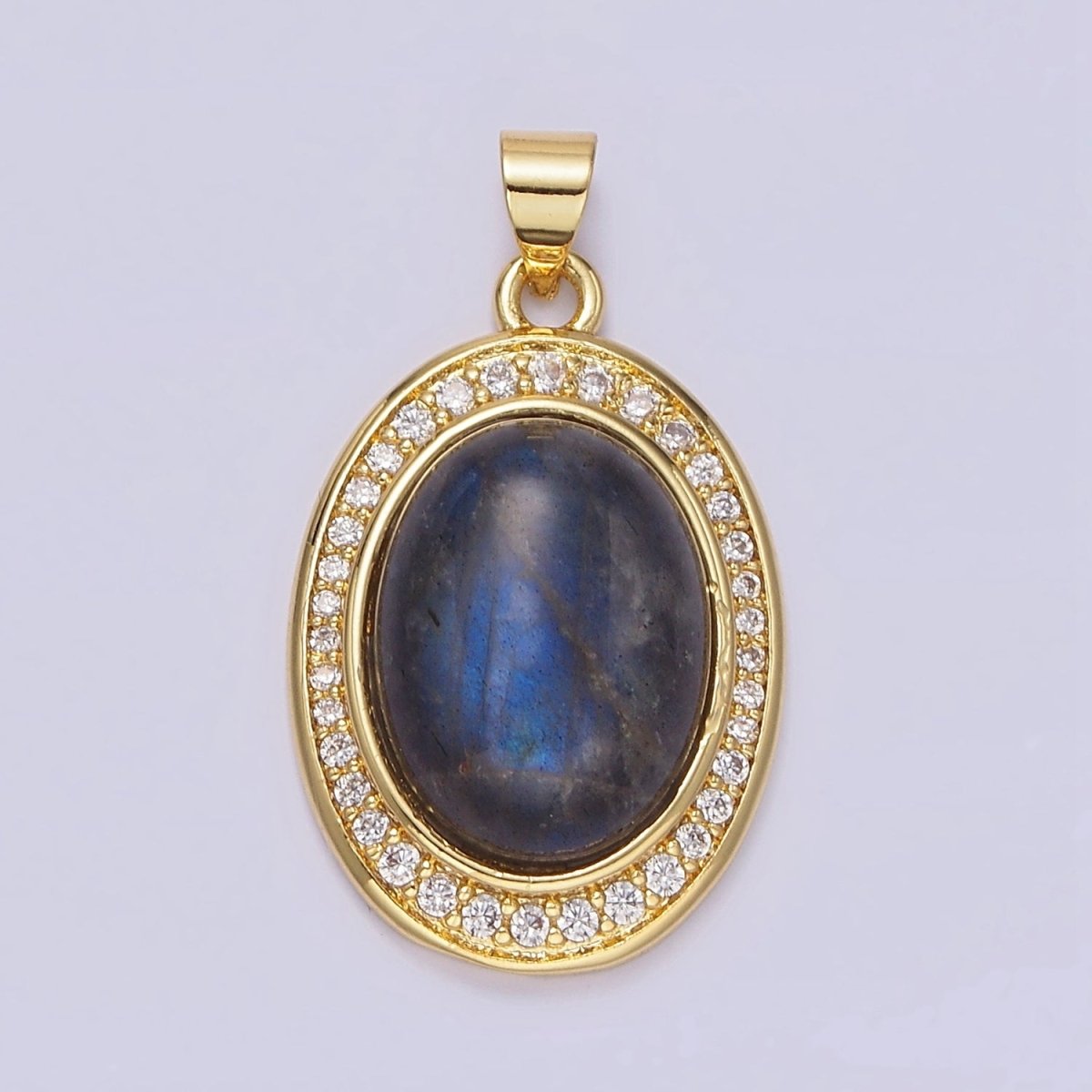 14K Gold Filled Labradorite Cabochon Clear Micro Paved CZ Oval Pendant | AA681