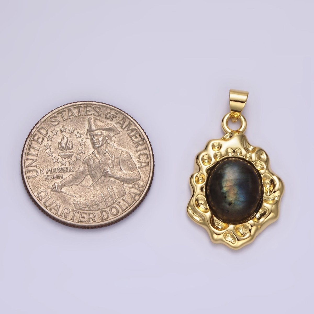 14K Gold Filled Labradorite Cabochon Dotted Abstract Pendant | N1913