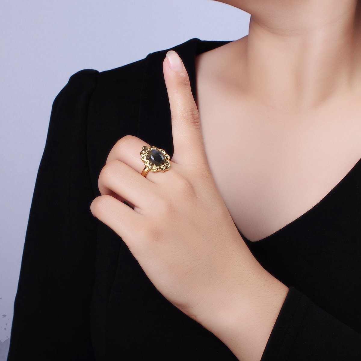 14K Gold Filled Labradorite Cabochon Dotted Abstract Ring | O1082
