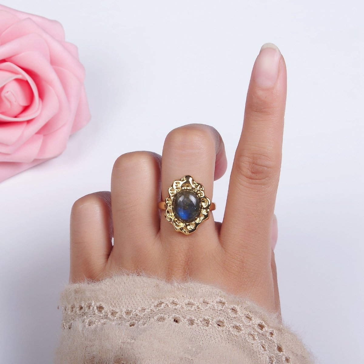 14K Gold Filled Labradorite Cabochon Dotted Abstract Ring | O1082
