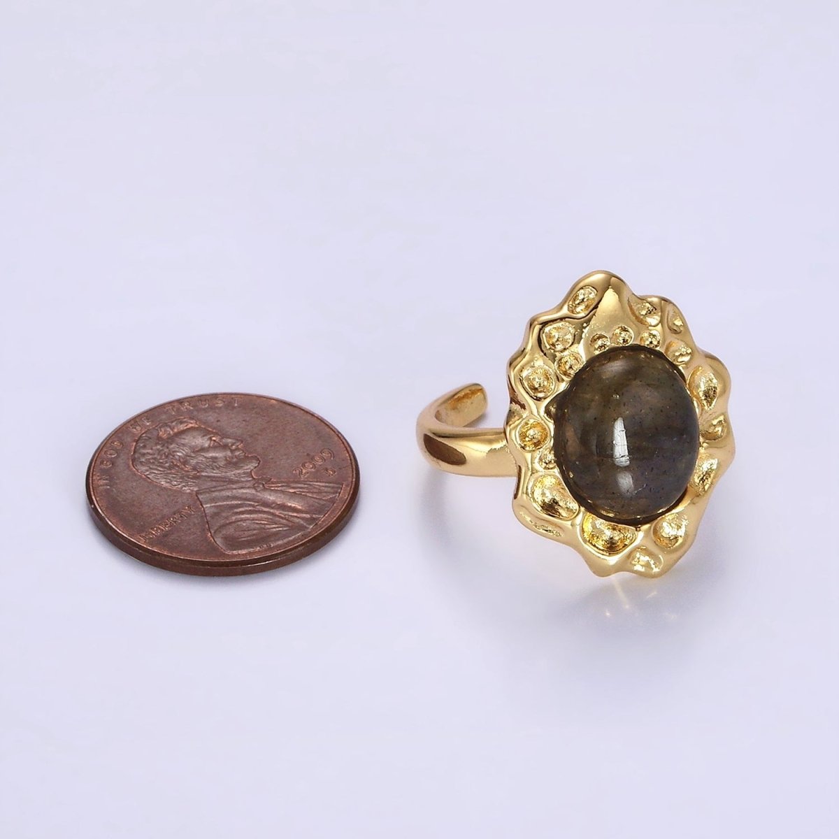 14K Gold Filled Labradorite Cabochon Dotted Abstract Ring | O1082