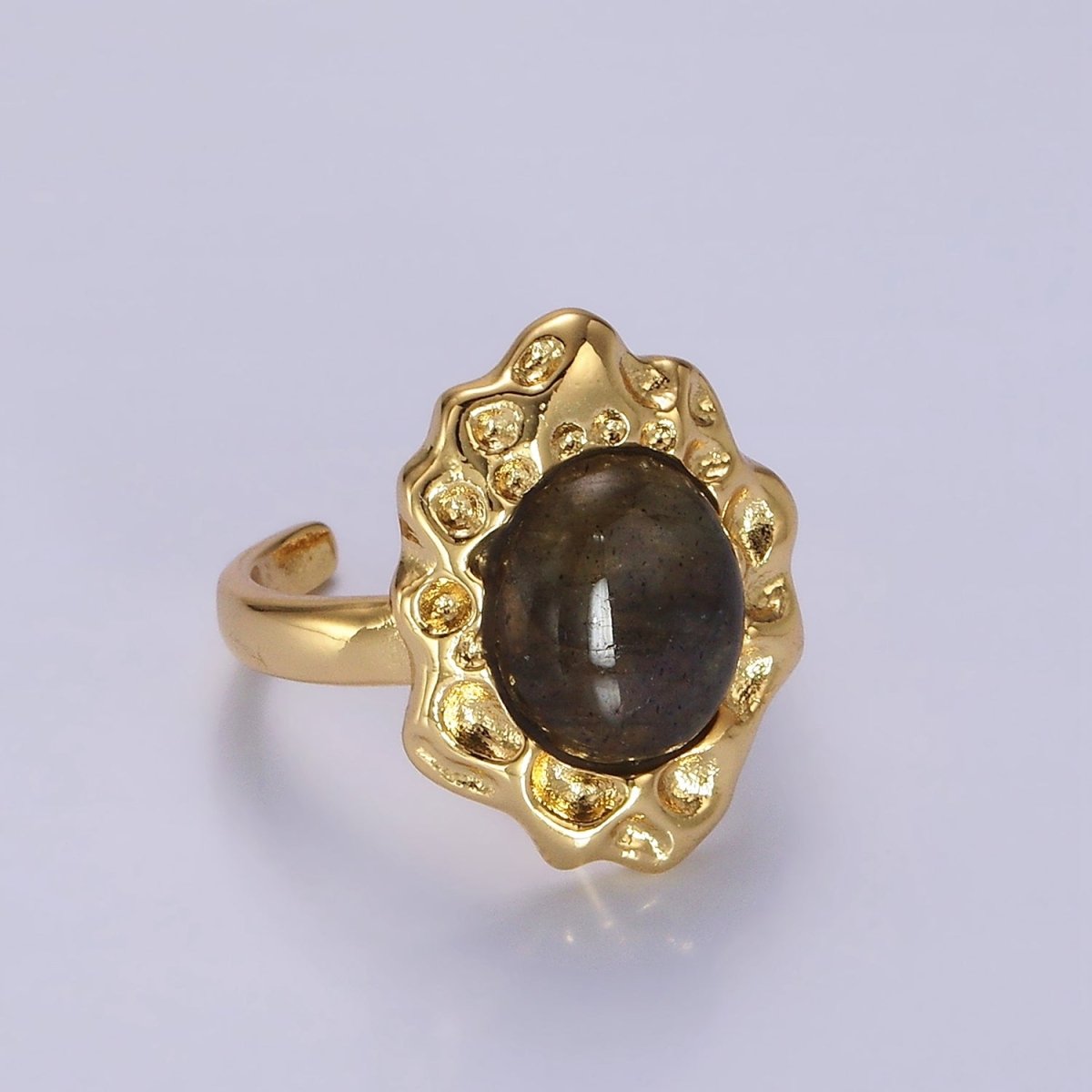 14K Gold Filled Labradorite Cabochon Dotted Abstract Ring | O1082