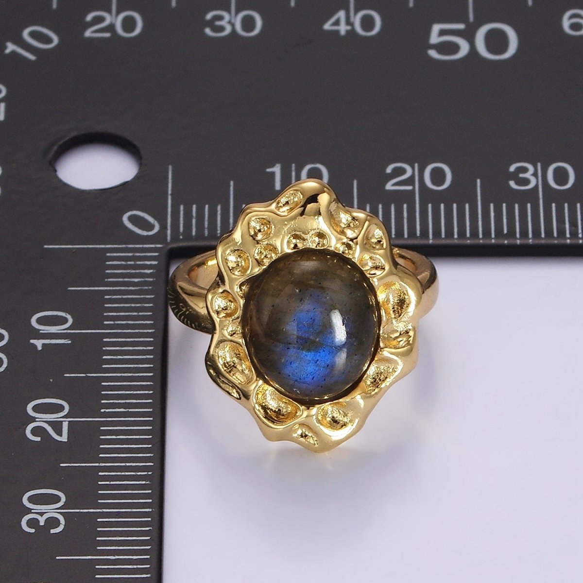 14K Gold Filled Labradorite Cabochon Dotted Abstract Ring | O1082